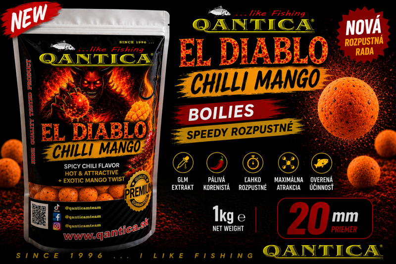 Qantica El Diablo Chilli Mango Boilies 20mm Speedy rozpustné boilies  1kg