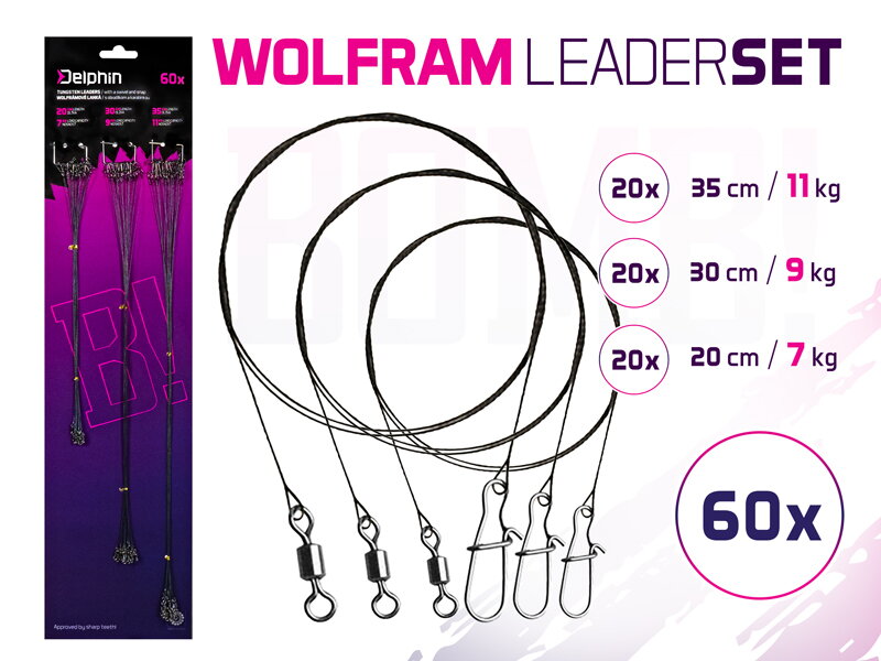 Set wolfrámových laniek BOMB! S obratl. a karabínkou - 60ks/20,30,35cm/7,9,11kg